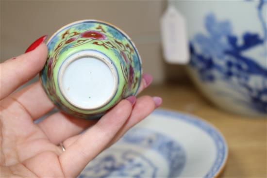 A Chinese blue and white bowl, two plates and two teabowls tallest 17.5cm